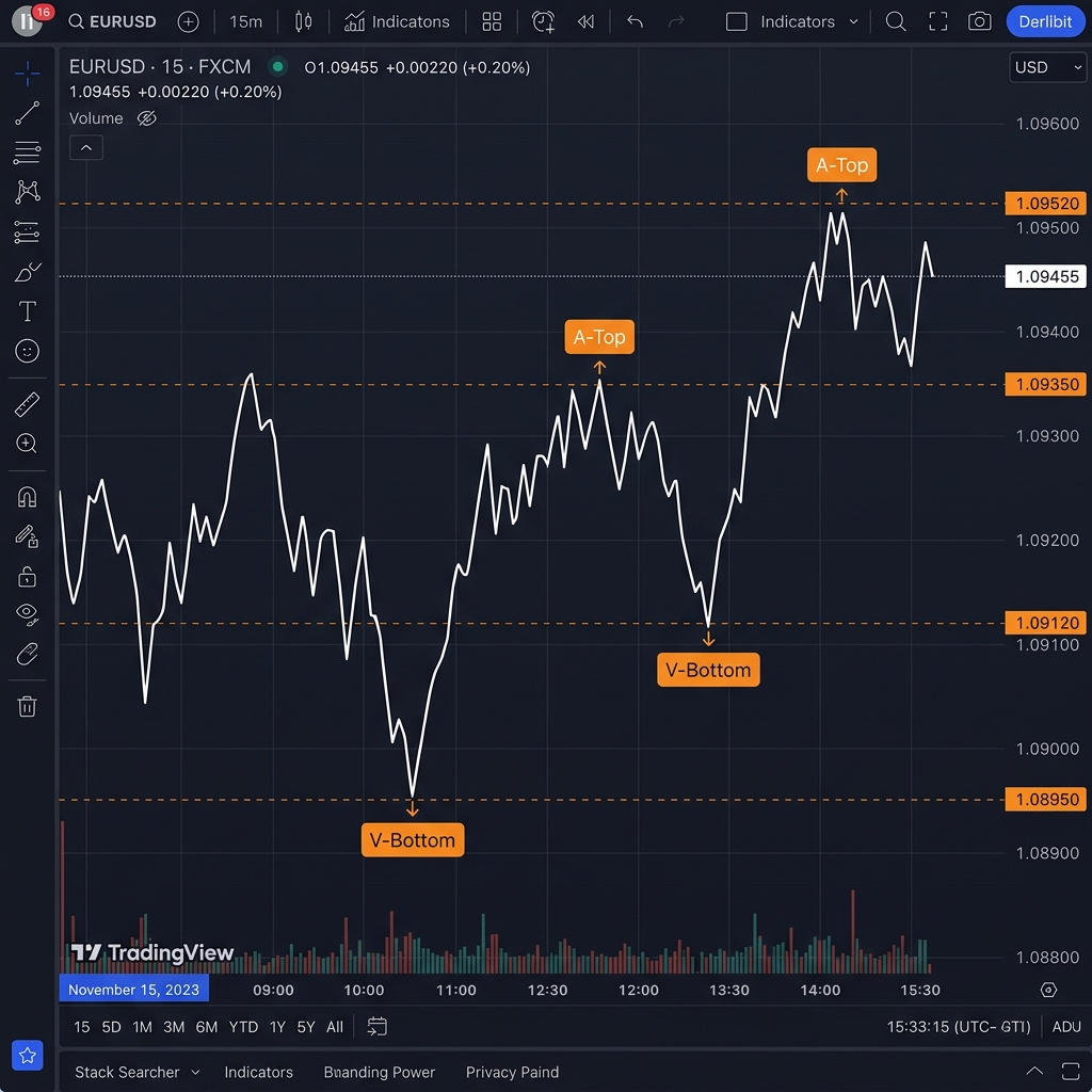 Patrones V-Bottom y A-Top en Gr&aacute;fico de L&iacute;neas M15 EUR/USD